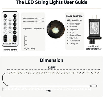 the 1000-led warm-white model has 328 feet of illuminated wire, a 17-foot lead cord, and 3.9-inch bulb spacing