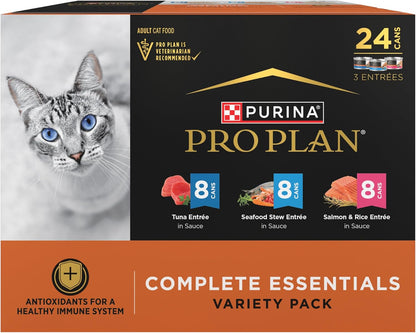 the 24-count 3-ounce variety pack includes salmon and rice in sauce, tuna in sauce, and seafood stew in sauce