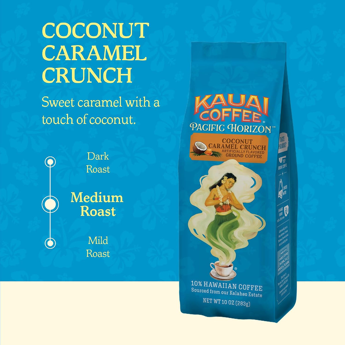 the coffee is roasted and ground for convenient use and described as delivering rich, complex flavors with a bright aroma