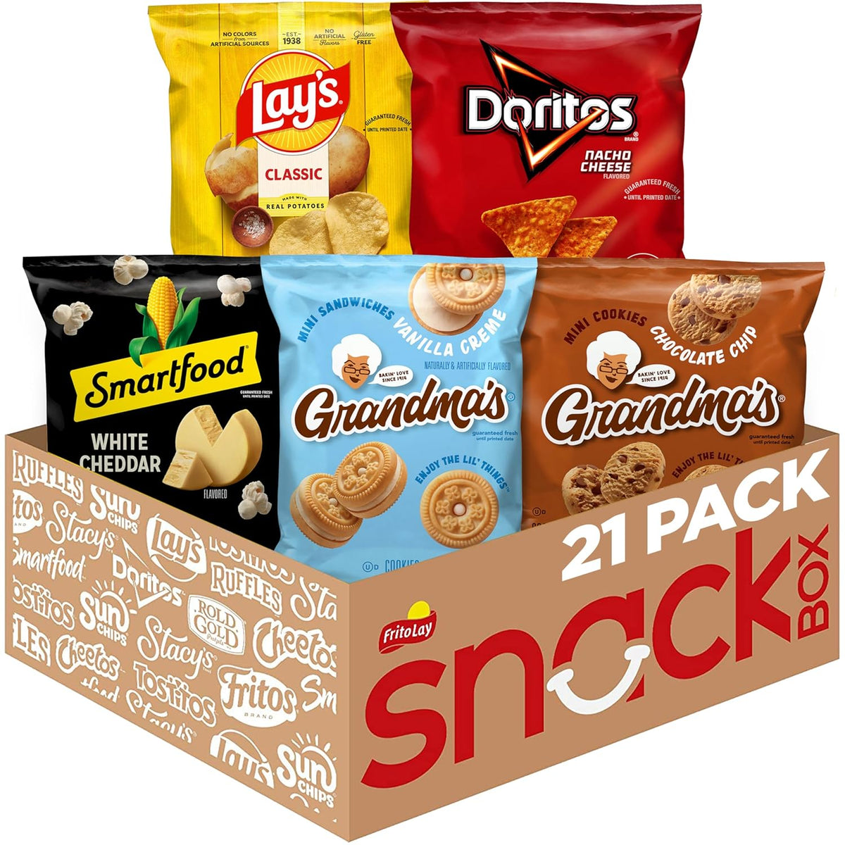the core chips & cookies assortment contains 4 grandma's mini chocolate chip 1 oz units, 3 mini vanilla creme sandwich cookies, 5 smartfood white cheddar units, 6 doritos nacho cheese units, and 3 lay's classic units
