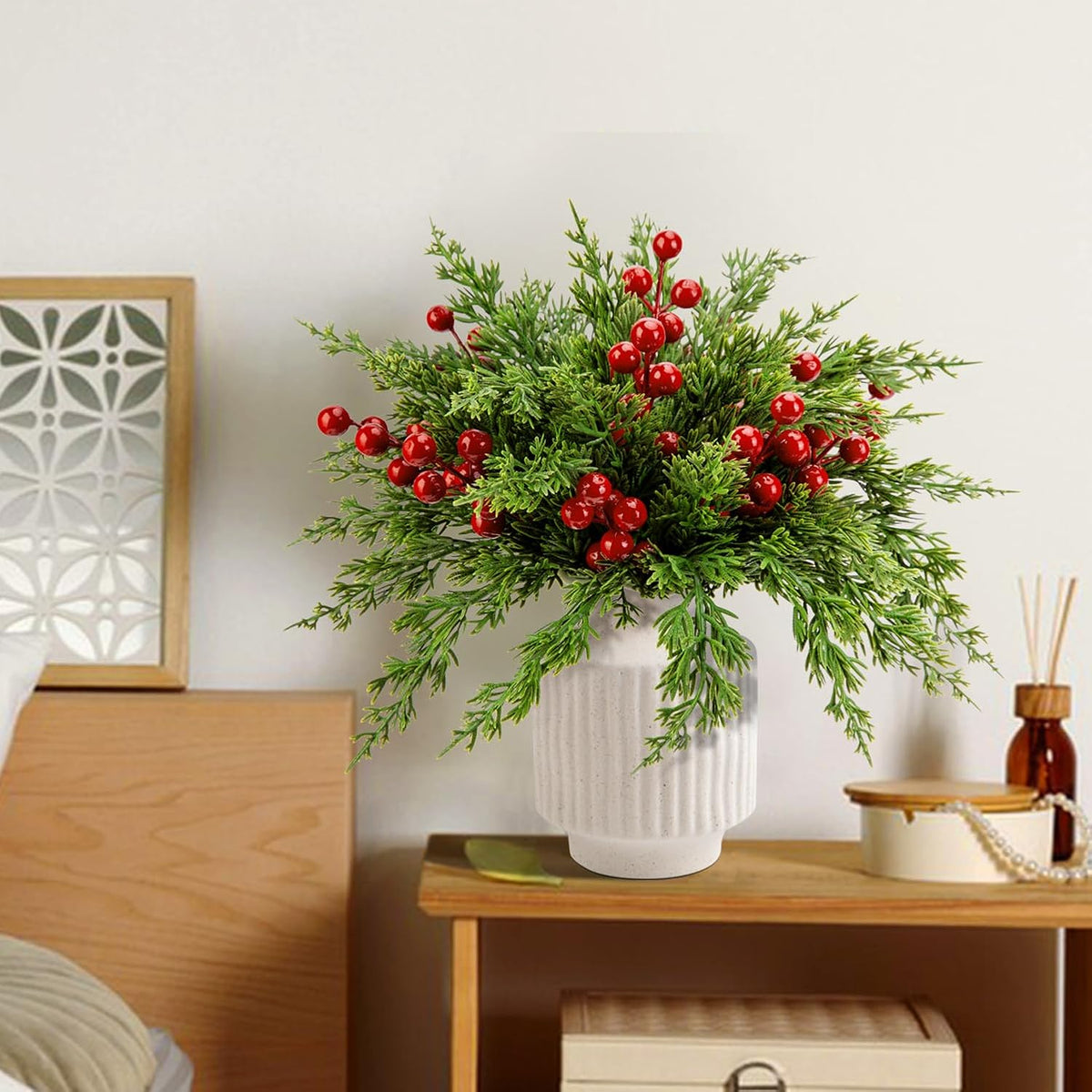 Brand Name Faux Evergreen Pine Branches with Red Berries for Bedroom, Mantel, and Dining Room Arrangements