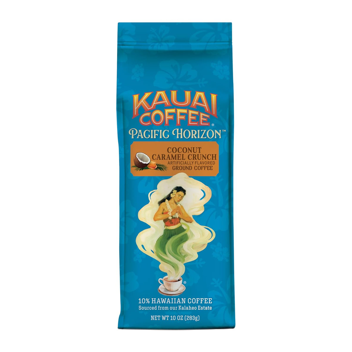 the featured blend contains 10% hawaiian-origin arabica coffee associated with kauai coffee company's estate and volcanic-soil growing conditions