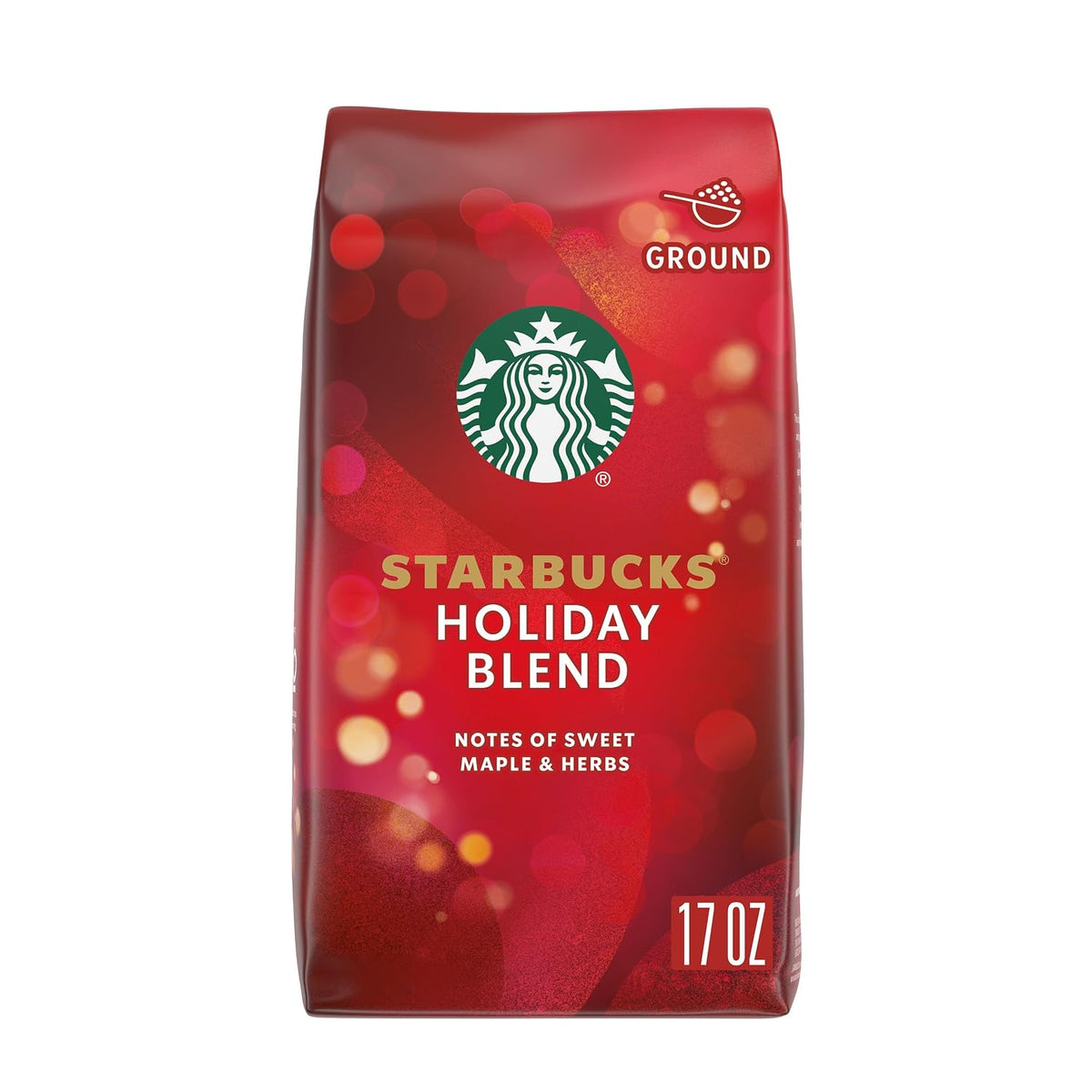 the featured holiday blend combines bright latin american and smooth indonesian coffees in a 17-ounce bag of 100% arabica ground coffee