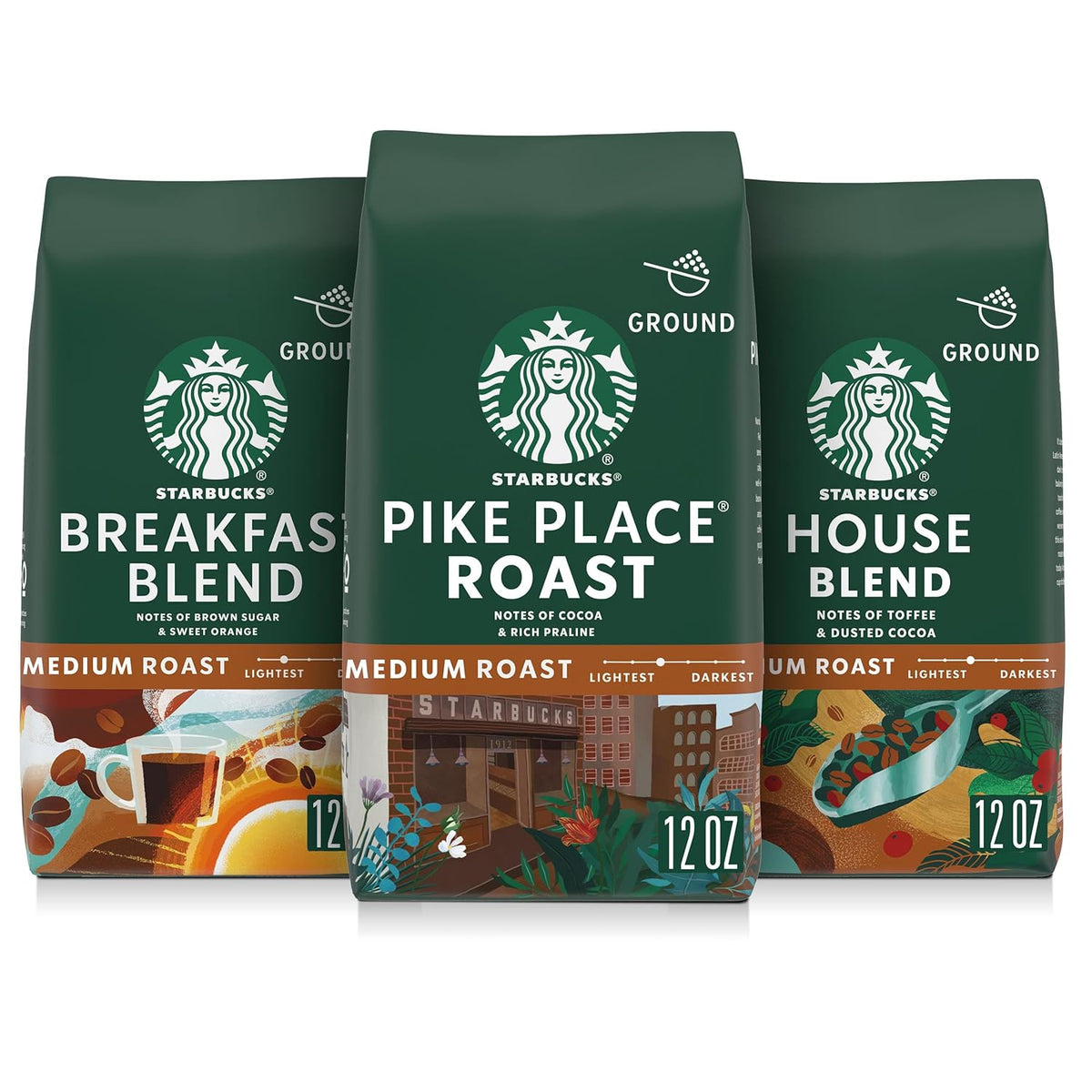 the featured variety pack contains three 12-ounce bags, totaling 36 ounces, of starbucks breakfast blend, house blend, and pike place roast