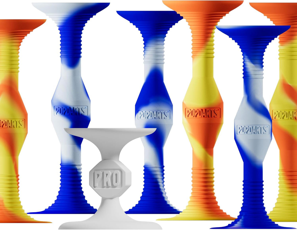 the fire & ice set includes three orange-and-yellow swirled darts, three blue-and-white swirled darts, and one white target marker