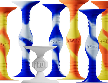 the fire & ice set includes three orange-and-yellow swirled darts, three blue-and-white swirled darts, and one white target marker