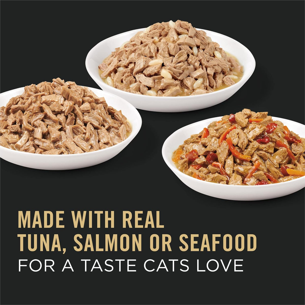 the full line includes tuna, salmon, salmon and rice, sole and vegetable, seafood, seafood stew, tuna and shrimp and rice, salmon and shrimp and rice, chicken, tuna and wild rice, and ocean whitefish and tuna recipes
