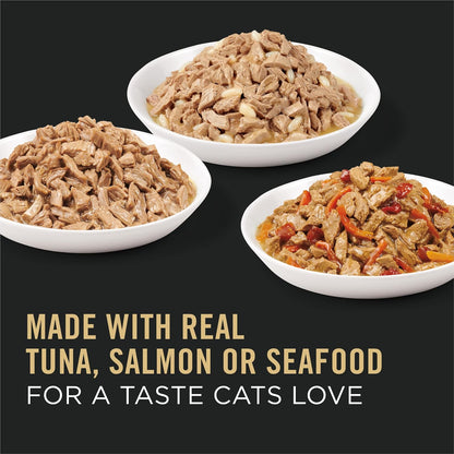 the full line includes tuna, salmon, salmon and rice, sole and vegetable, seafood, seafood stew, tuna and shrimp and rice, salmon and shrimp and rice, chicken, tuna and wild rice, and ocean whitefish and tuna recipes