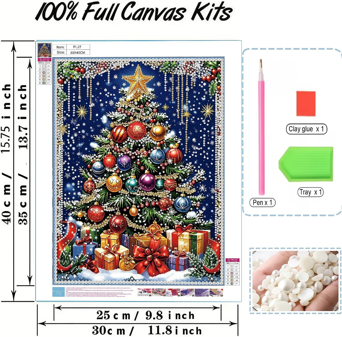 the kit contains one drill pen, one clay piece, one green bead tray, and four opp transparent storage bags