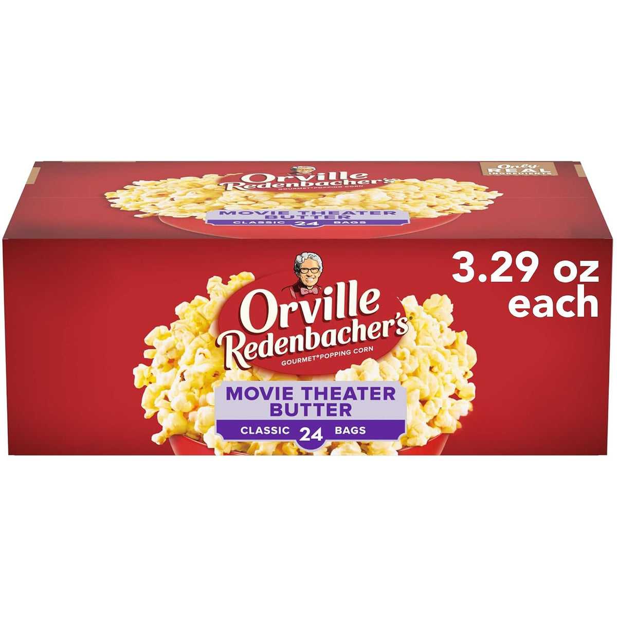 the line includes 3.29-ounce packs of 24 and 3, 9.87-ounce packs of 12, and one 39.49-ounce family-size bag, with movie theater butter or butter labeling