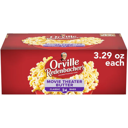 the line includes 3.29-ounce packs of 24 and 3, 9.87-ounce packs of 12, and one 39.49-ounce family-size bag, with movie theater butter or butter labeling