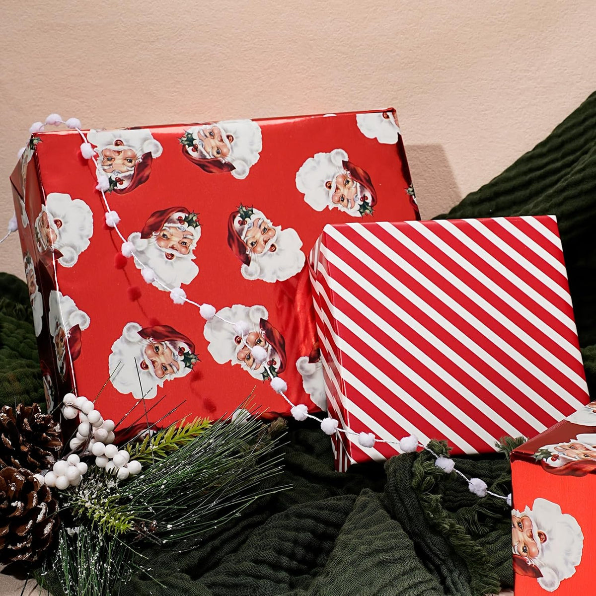 the line includes eight 17-inch by 33-foot patterns: small dot, holiday tree, pink candy, greens and berries, christmas light, classic santa, red toile, and red nutcracker