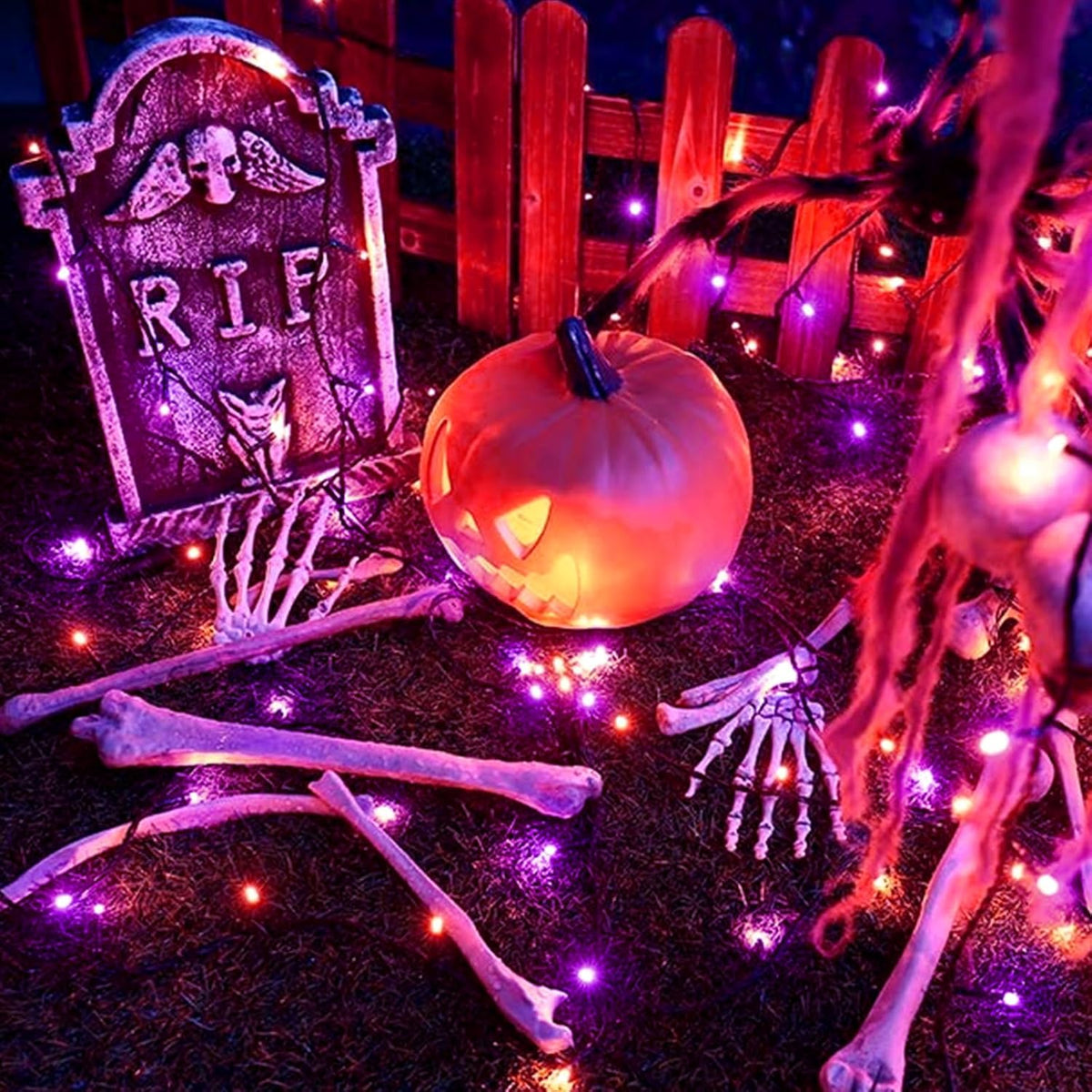 XTF2015 Orange Purple Halloween String Lights, Eight-Mode Decorative Lighting for Home Interiors, Covered Porches, Dining Rooms, and Balconies