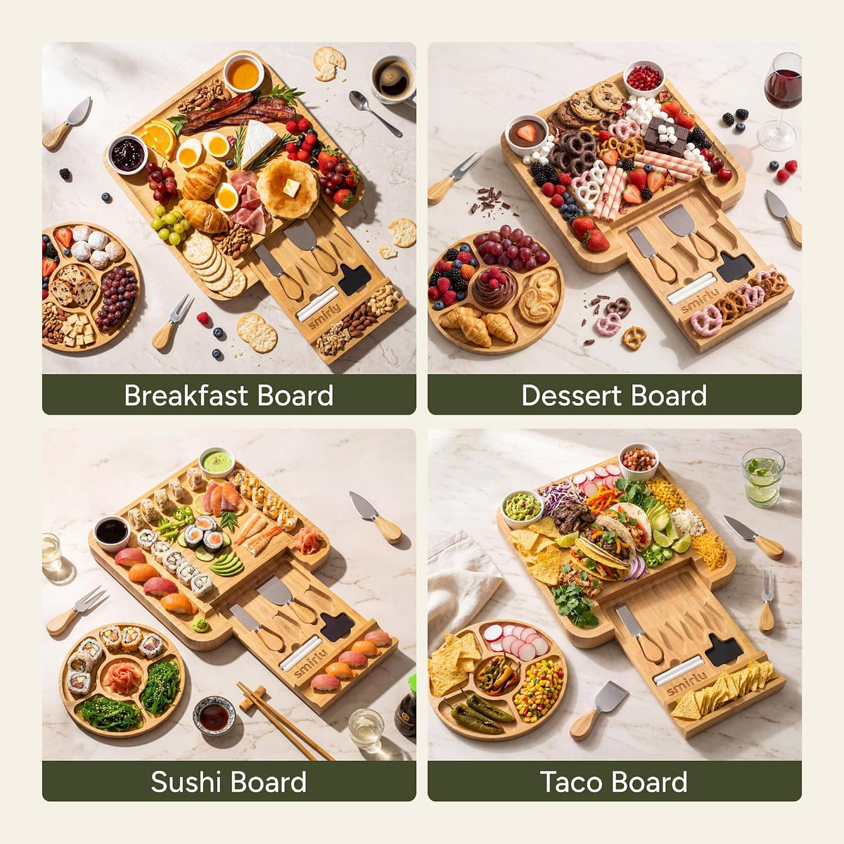 the product line offers bamboo, acacia wood, large acacia wood, and carbonized bamboo variations