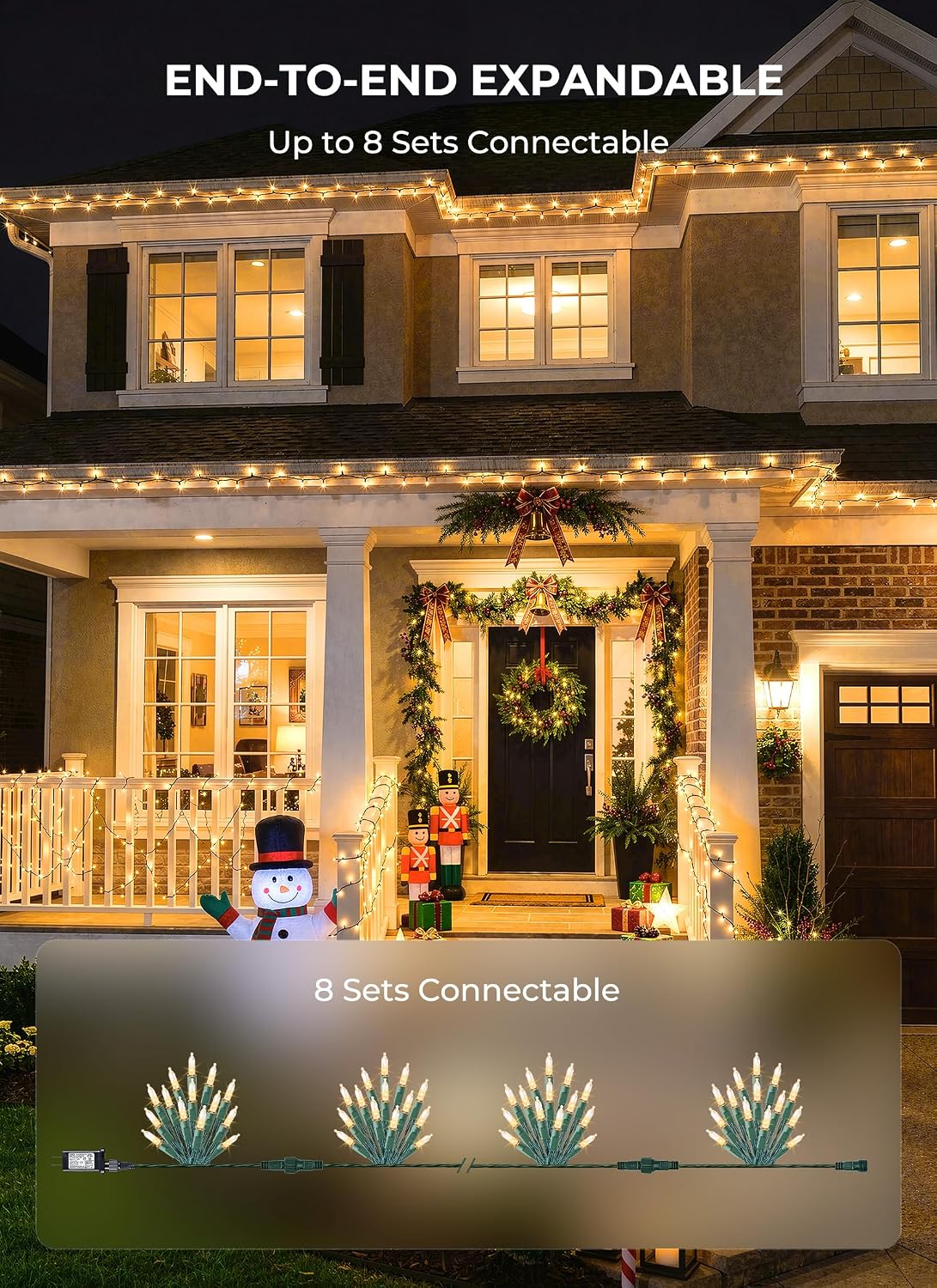 the product line spans 33, 66, 99, 132, and 165-foot lengths with warm white, multicolor, red, green, blue, purple, orange, pink, cool white, red-and-white, red-and-green, and orange-and-purple options, plus white-wire and diamond-faceted warm-white styles