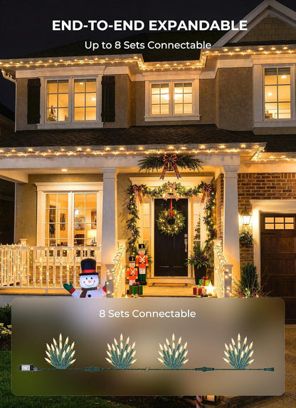 the product line spans 33, 66, 99, 132, and 165-foot lengths with warm white, multicolor, red, green, blue, purple, orange, pink, cool white, red-and-white, red-and-green, and orange-and-purple options, plus white-wire and diamond-faceted warm-white styles