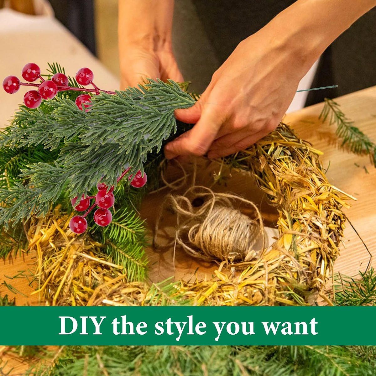 the separate, unassembled berry and pine components support flexible diy arrangements; a vase is not included