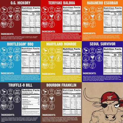 the usual suspects 8-pack combines four savory flavors—o.g. hickory, teriyaki balboa, truffle-o bill, and bourbon franklin—with four spicy flavors—habanero escobar, bootleggin' bbq, maryland monroe, and seoul survivor