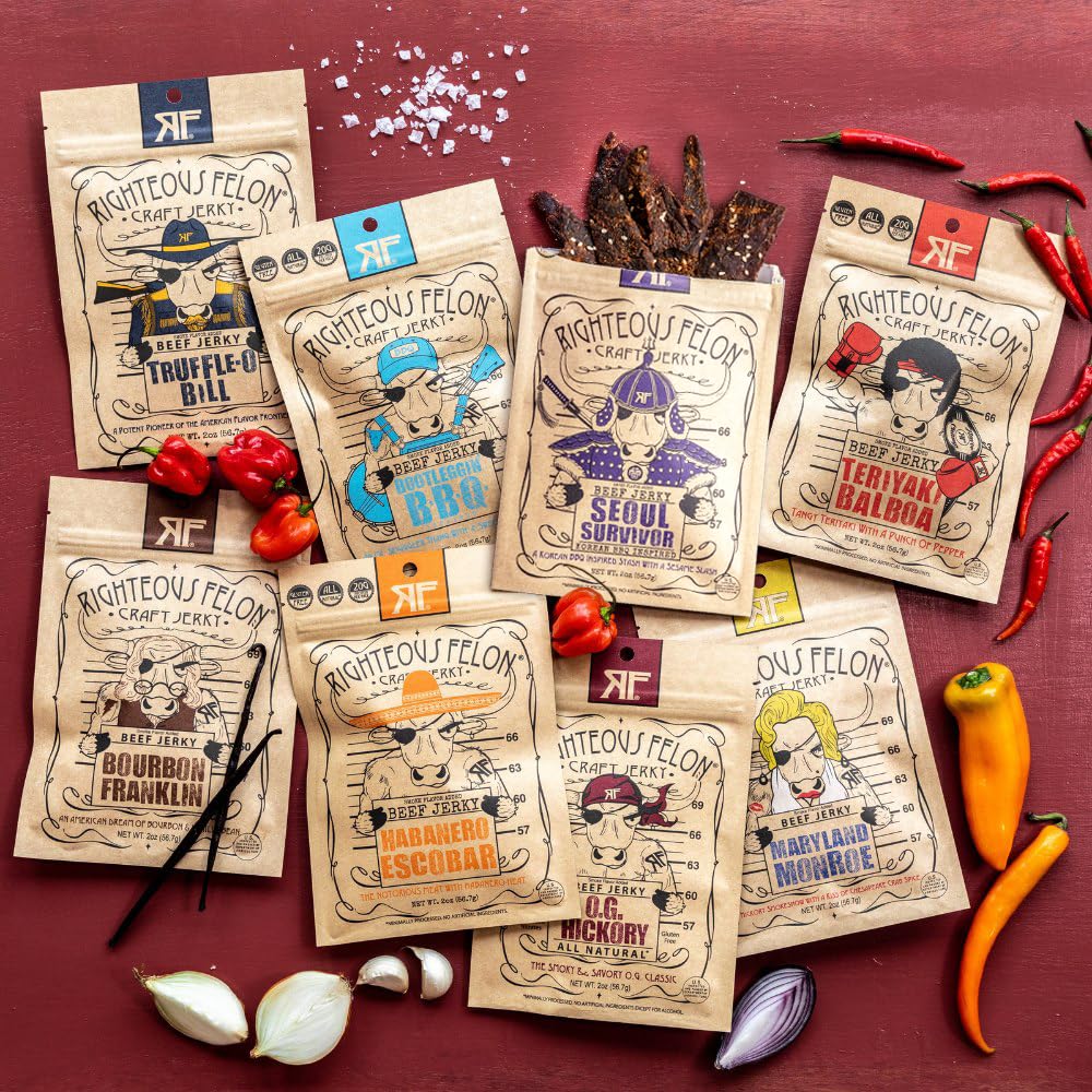 Righteous Felon Beef Sticks Variety Box - Low-Sugar, Gluten-Free Snack for Balanced Workday Fueling, 8 Gourmet Flavors