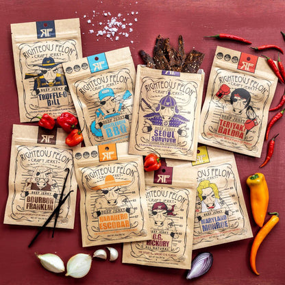 Righteous Felon Beef Sticks Variety Box - Low-Sugar, Gluten-Free Snack for Balanced Workday Fueling, 8 Gourmet Flavors