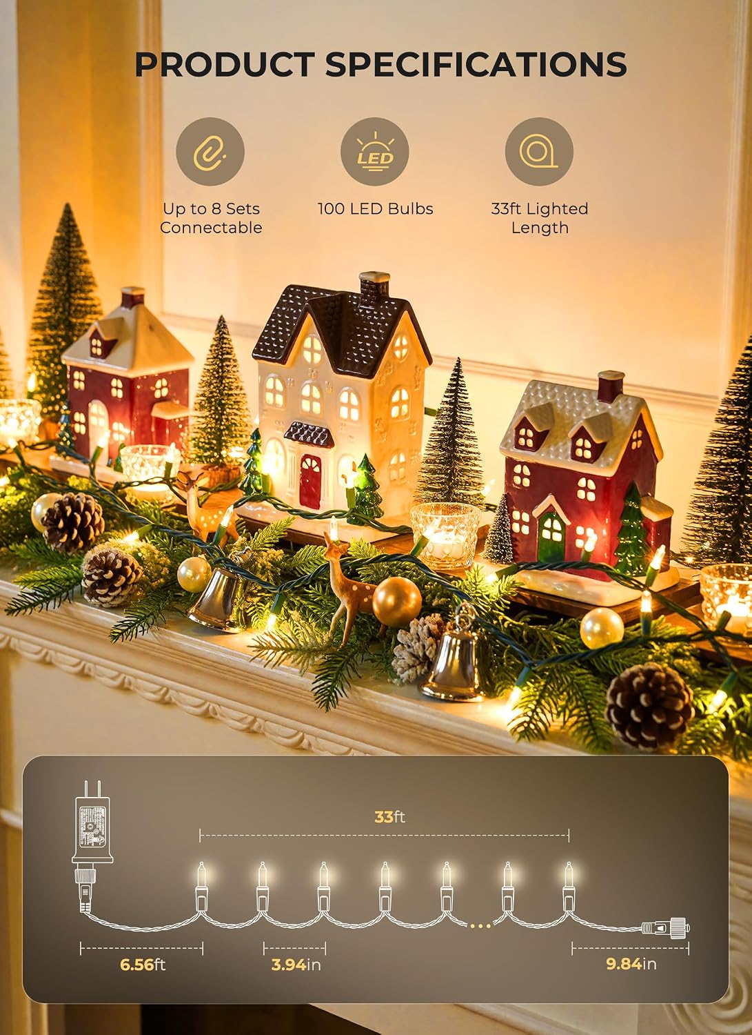 LED Christmas Lights Indoor Outdoor, 33FT 100 Count Mini String Lights for Porch, Patio, and Garden Edges with 8 Lighting Modes