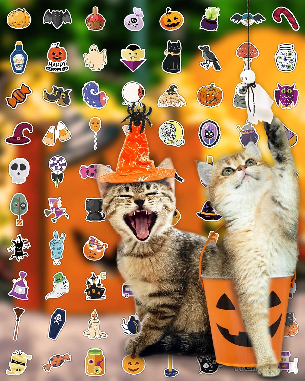 themed assortment: pumpkins, spiders, bats, ghosts, witch hats, kittens, moons, skulls
