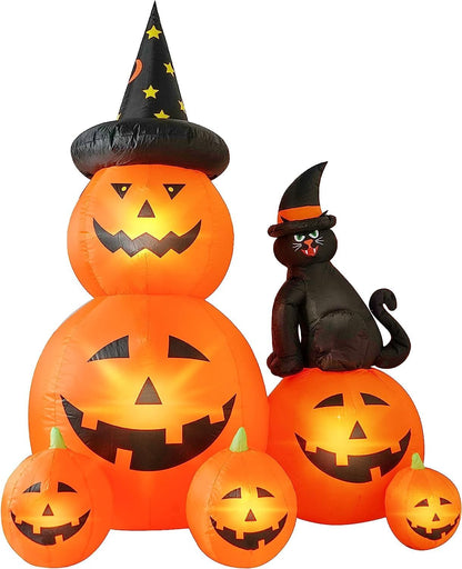 HauntedMoors Halloween Inflatable 6 FT Black Cat Ghost Pumpkin – Living Room and Porch Seasonal Decor with Bright White Illumination