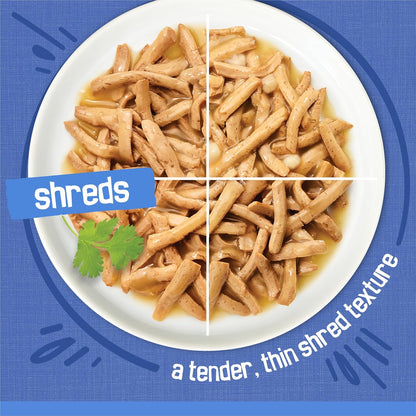 thinly shredded protein pieces suspended in thick gravy or sauce for high palatability