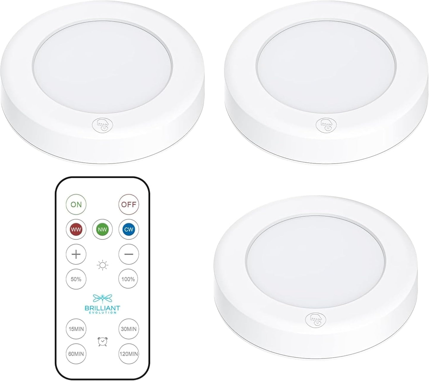 three 55-lumen led pucks emitting 3000k soft warm white light