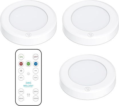 three 55-lumen led pucks emitting 3000k soft warm white light