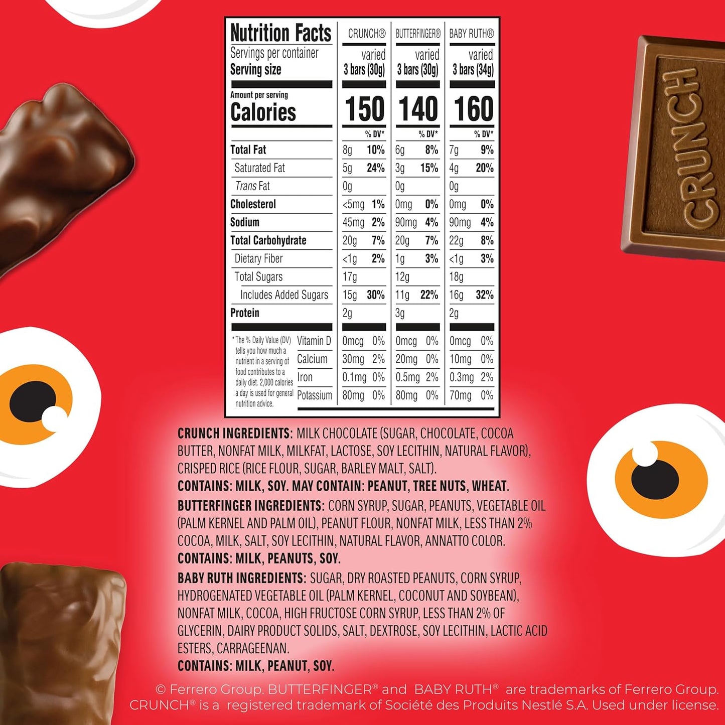 three classic bar varieties: butterfinger, crunch, and baby ruth