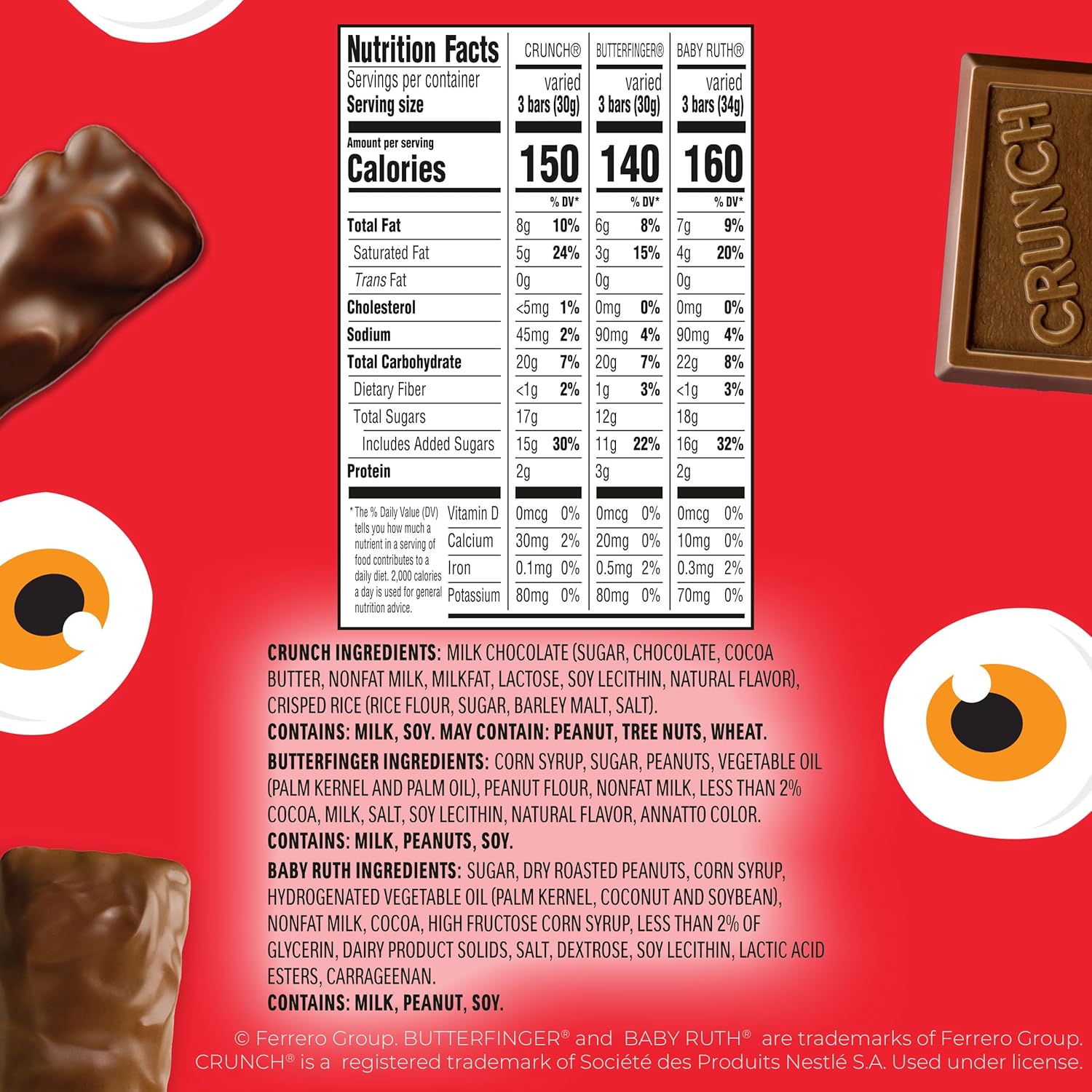 three classic bar varieties: butterfinger, crunch, and baby ruth