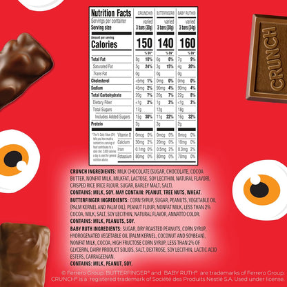 three classic bar varieties: butterfinger, crunch, and baby ruth