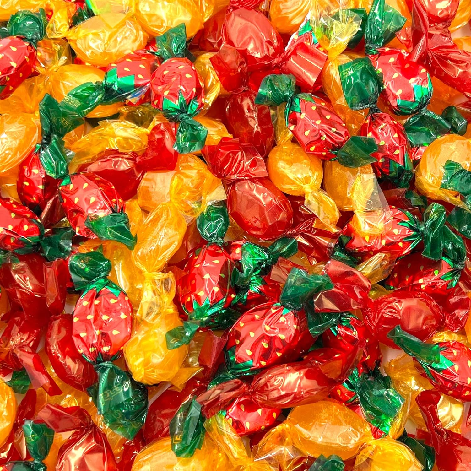 three-flavor assortment: strawberry filled bon bons, butterscotch, and cinnamon drops