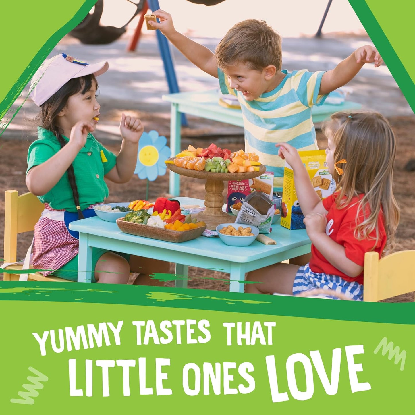 three flavor options across savory (cheddar cheese), veggie (garden veggie), and fruit (strawberry banana) categories