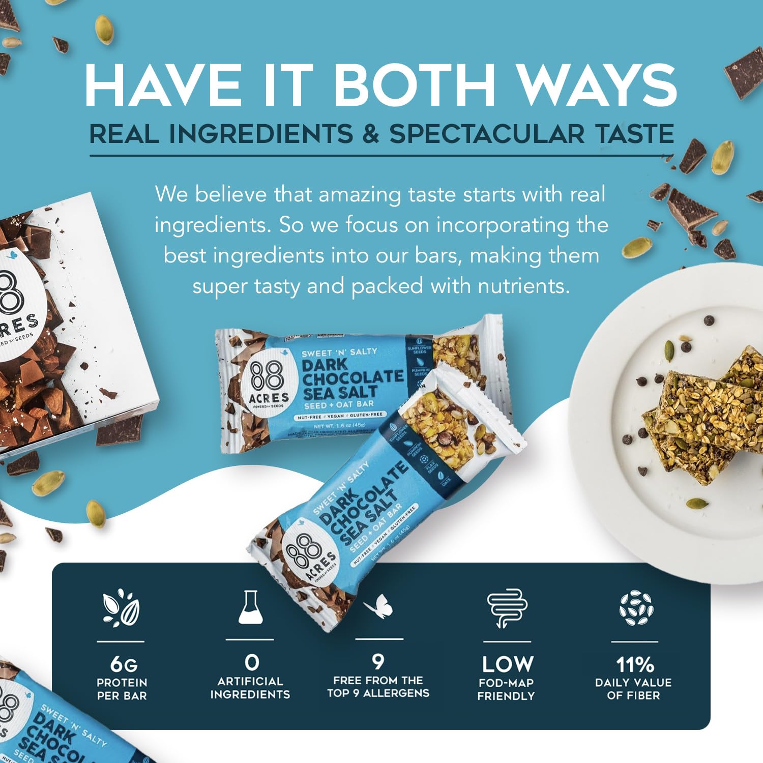 three flavor options: dark chocolate sea salt, cinnamon maple, and oatmeal chocolate chip