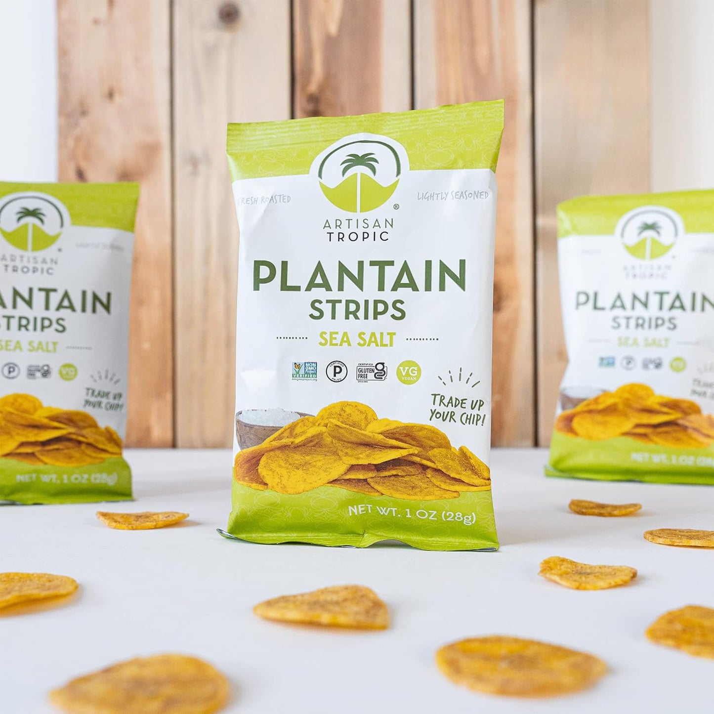three flavor variants across the line: sea salt, naturally sweet, and plain plantain
