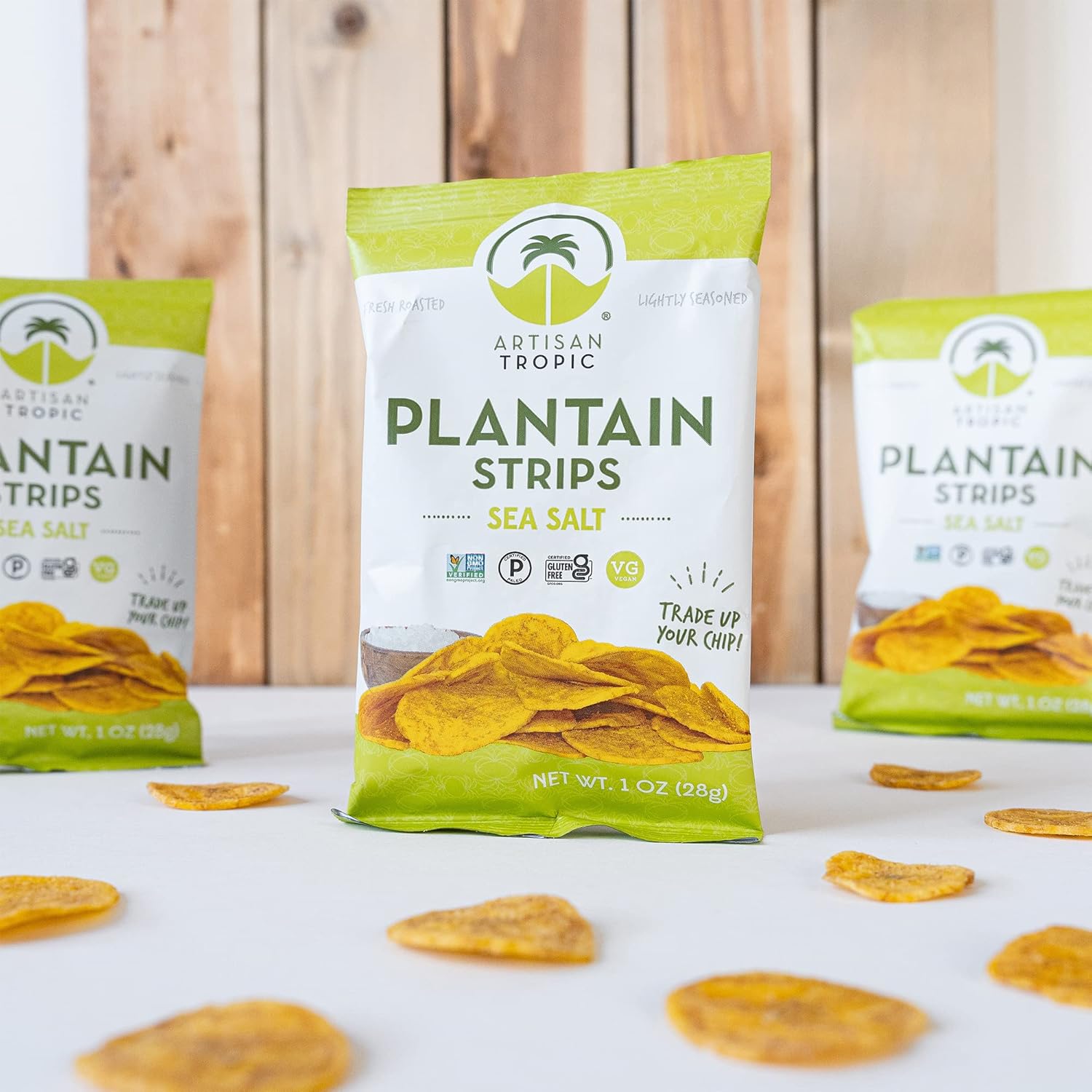 three flavor variants across the line: sea salt, naturally sweet, and plain plantain