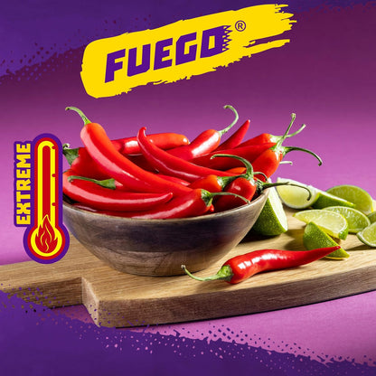 three flavor variants: fuego, blue heat, and intense nacho