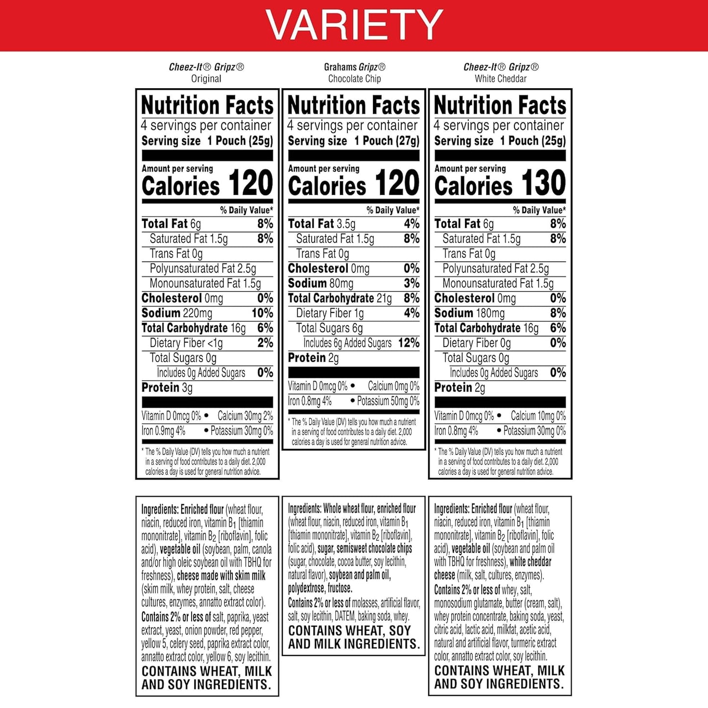 three-flavor variety: cheez-it gripz original, cheez-it gripz white cheddar, and chocolate chip grahams