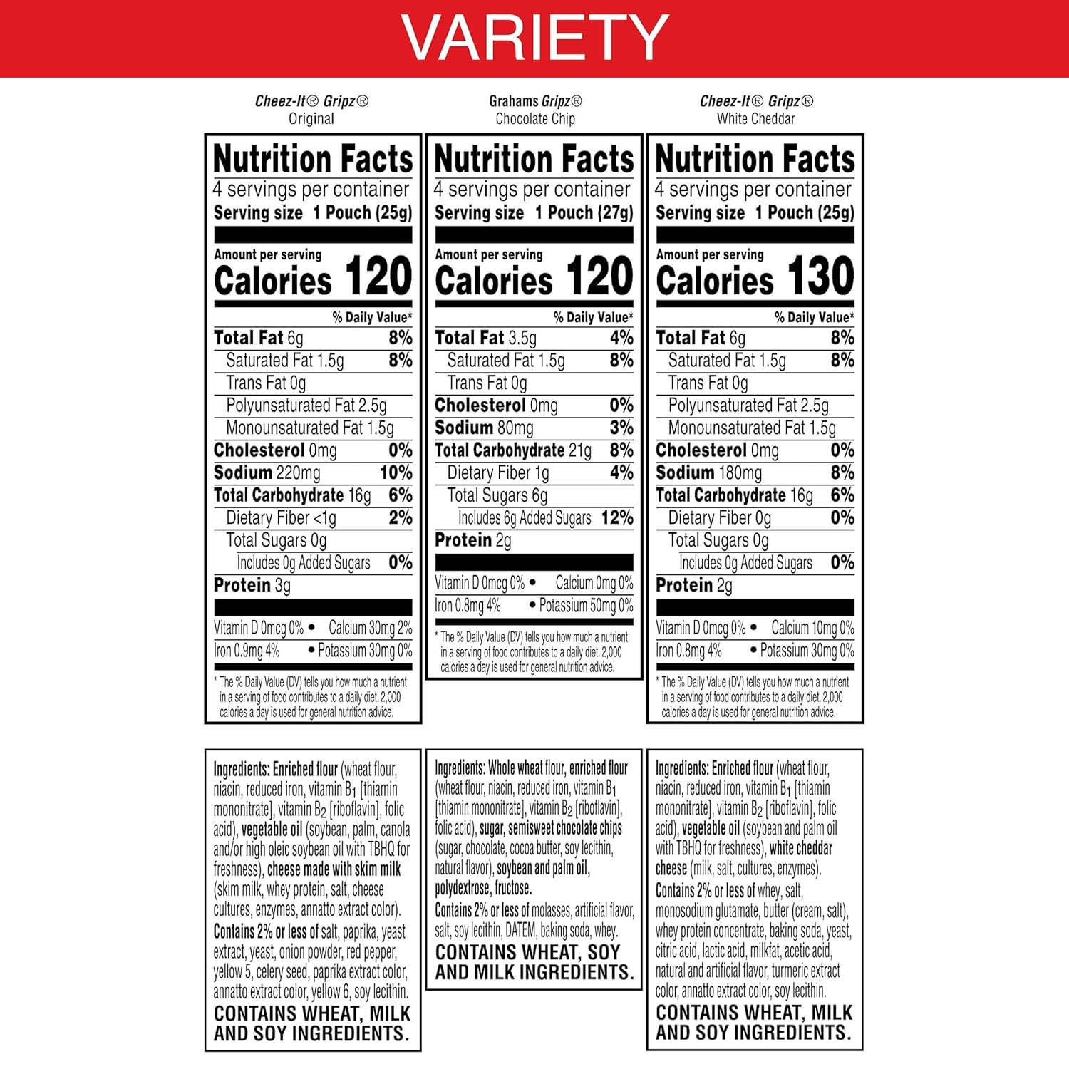 three-flavor variety: cheez-it gripz original, cheez-it gripz white cheddar, and chocolate chip grahams