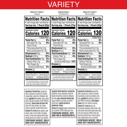 three-flavor variety: cheez-it gripz original, cheez-it gripz white cheddar, and chocolate chip grahams