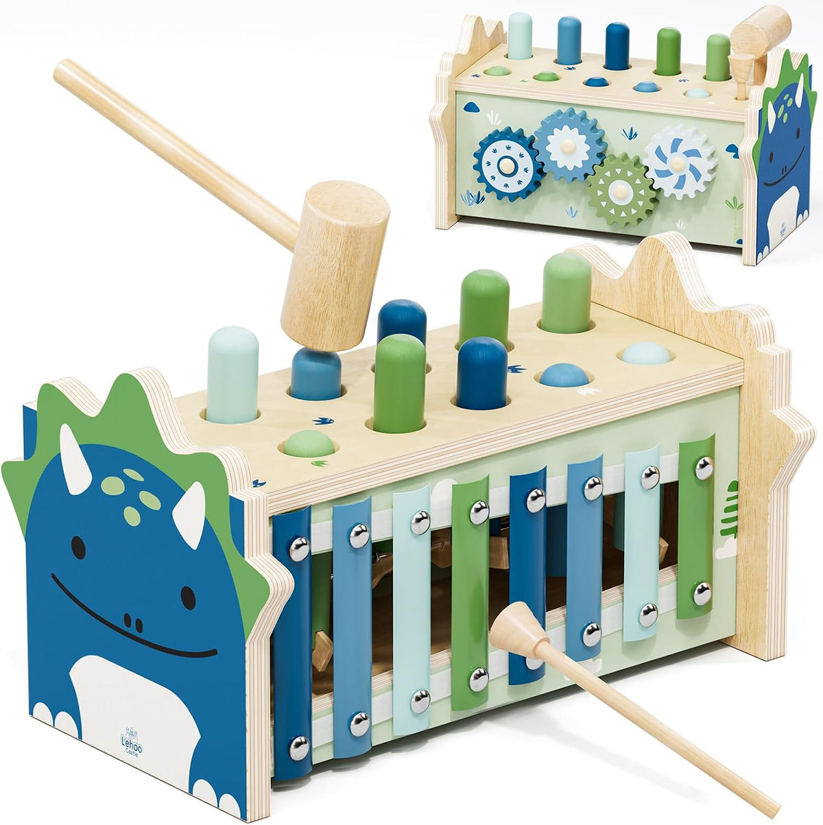 three-in-one design combining a pounding bench, xylophone, and spinning gears