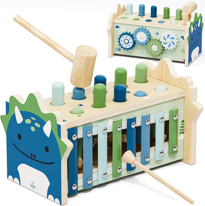 three-in-one design combining a pounding bench, xylophone, and spinning gears