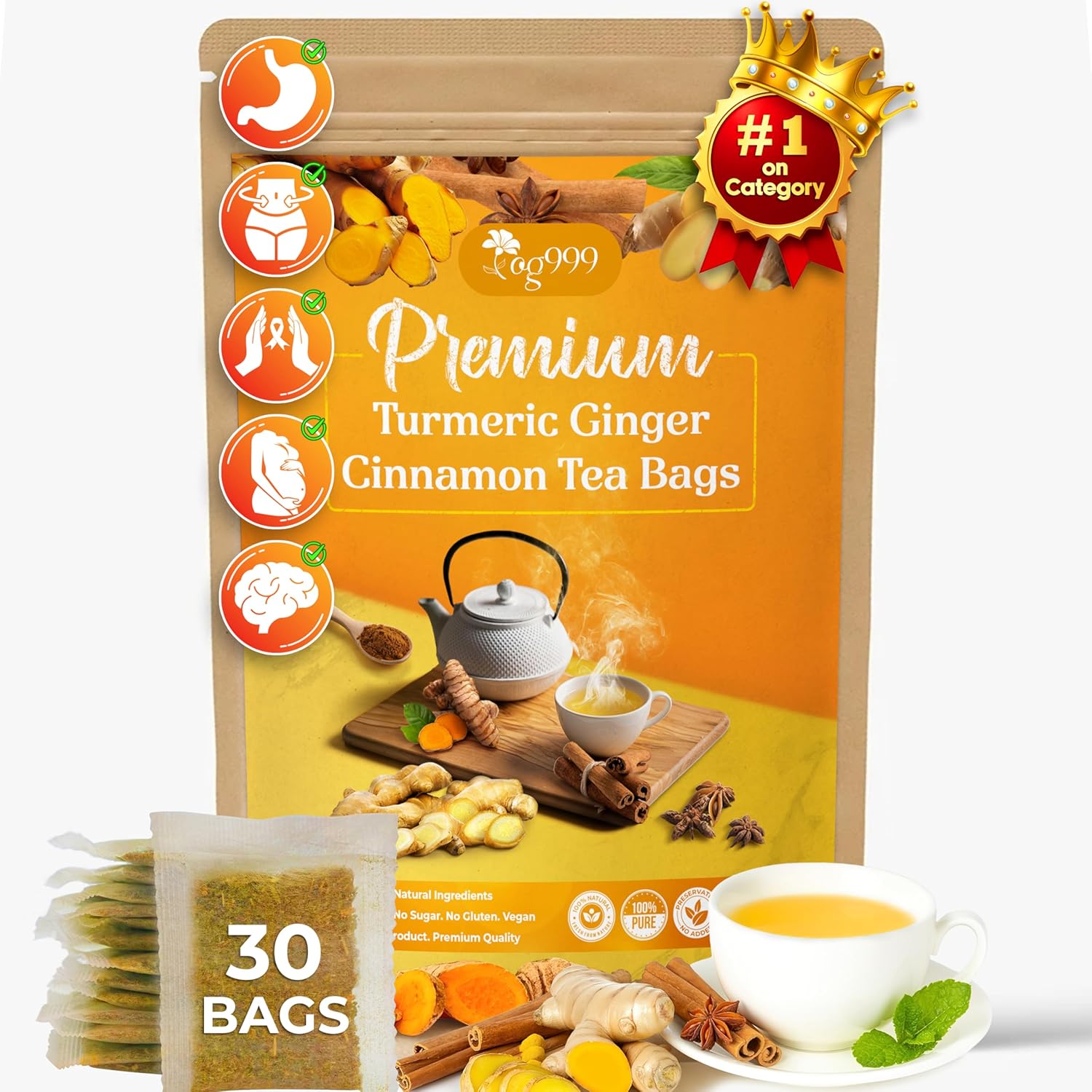 three-ingredient natural blend: turmeric, ginger, and cinnamon (with extended line of moringa, ashwagandha, yerba mate, lavender, chamomile, soursop, ginseng, and more)