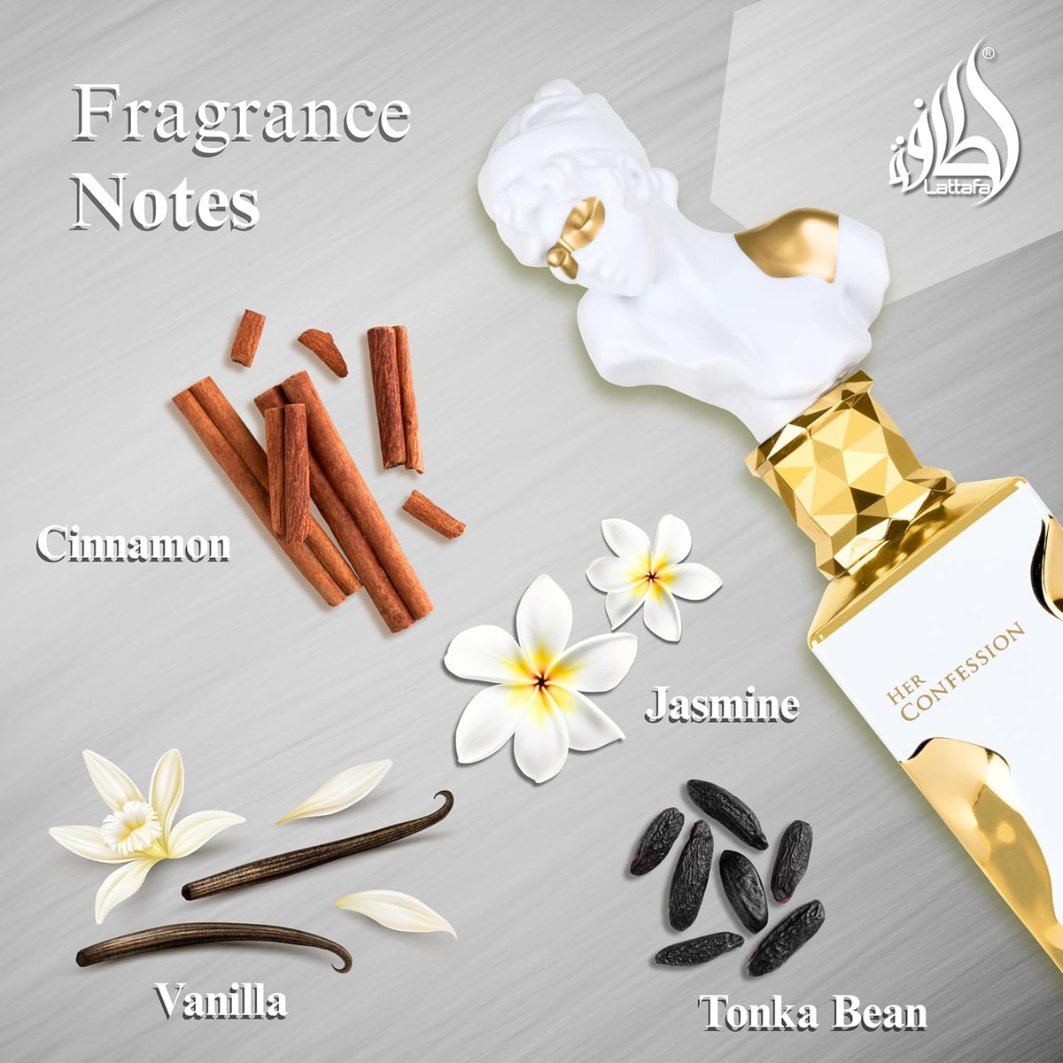 three-layer fragrance pyramid: top (cinnamon, mystical accords), heart (jasmine, tuberose, incense), base (tonka bean, musk, vanilla)