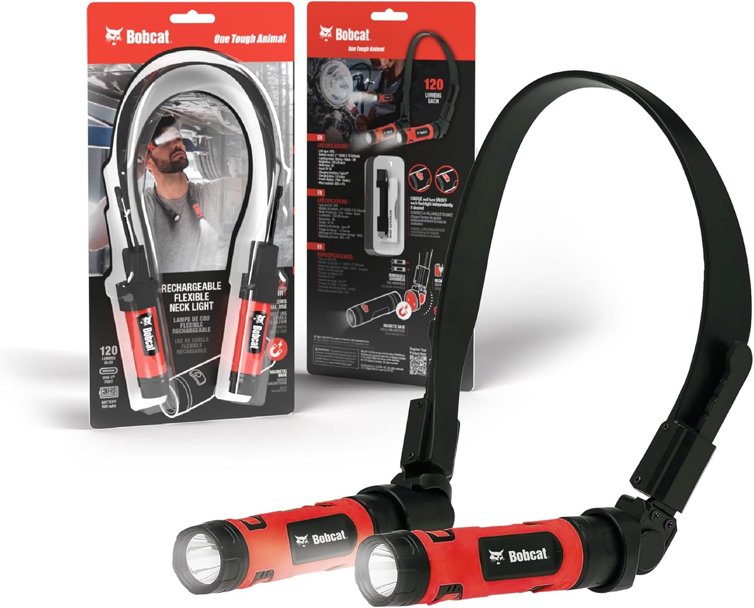 three light modes: strong, weak, and off (120 lumens per head, 240 lumens total)