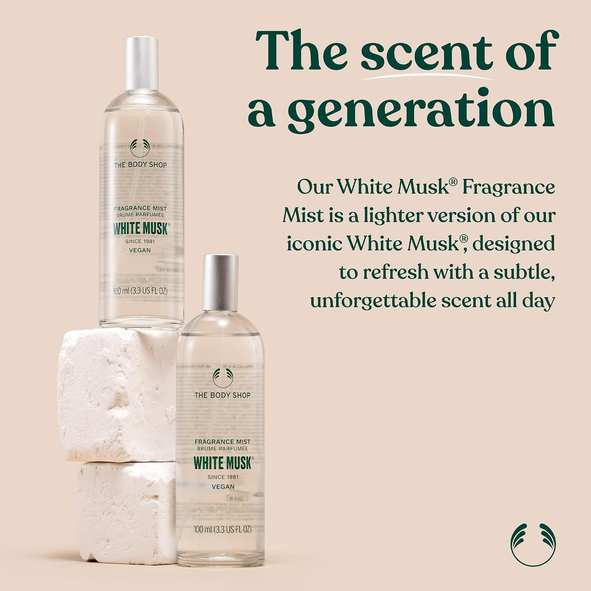 three scent variants: white musk (musk, lily, iris, rose, vanilla), black musk, blue musk zest