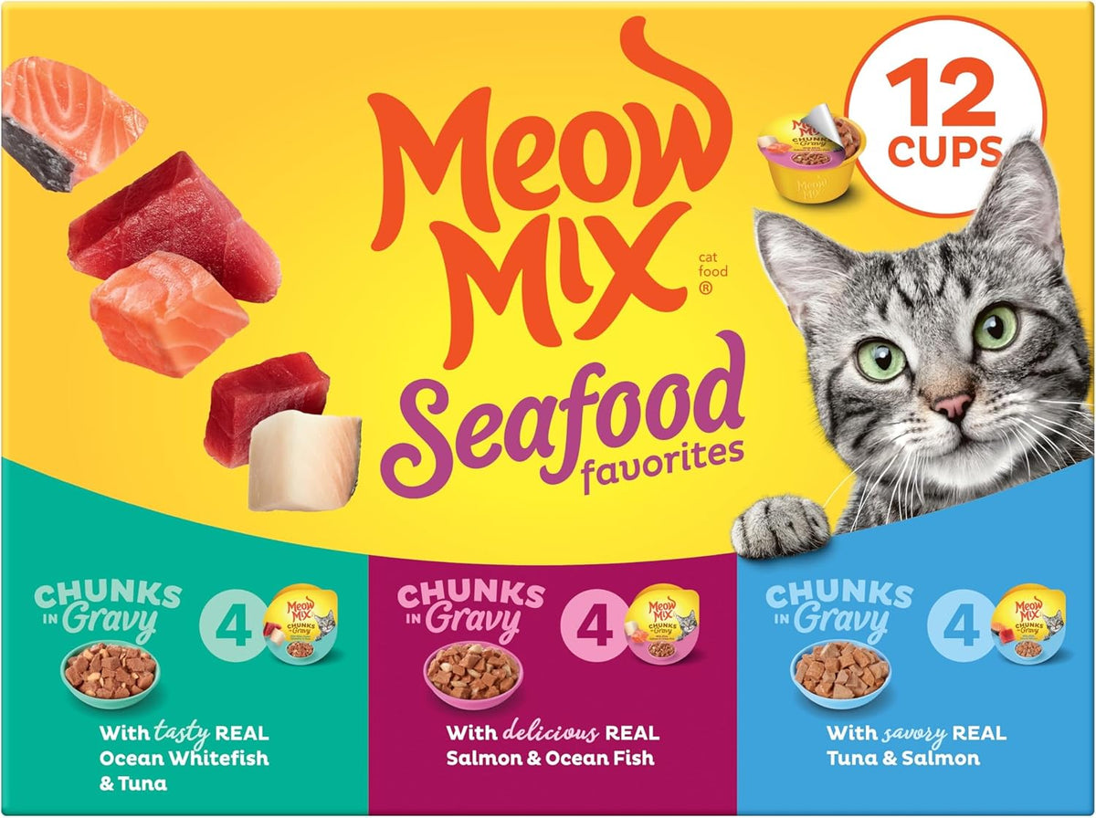 three seafood varieties: chunks in gravy with ocean whitefish and tuna, tuna and salmon, and salmon and ocean fish