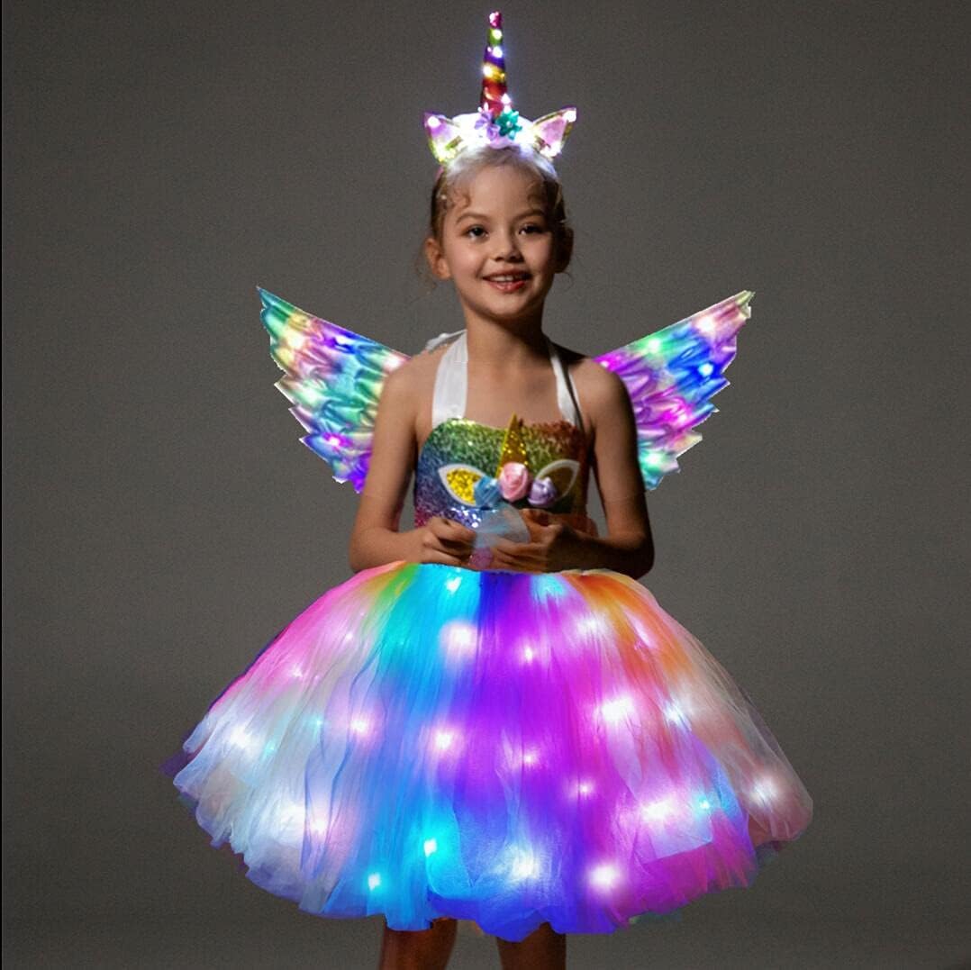 three size options (3-4y, 5-6y, 7-8y) and two color variants (rainbow, deep rainbow with wing)